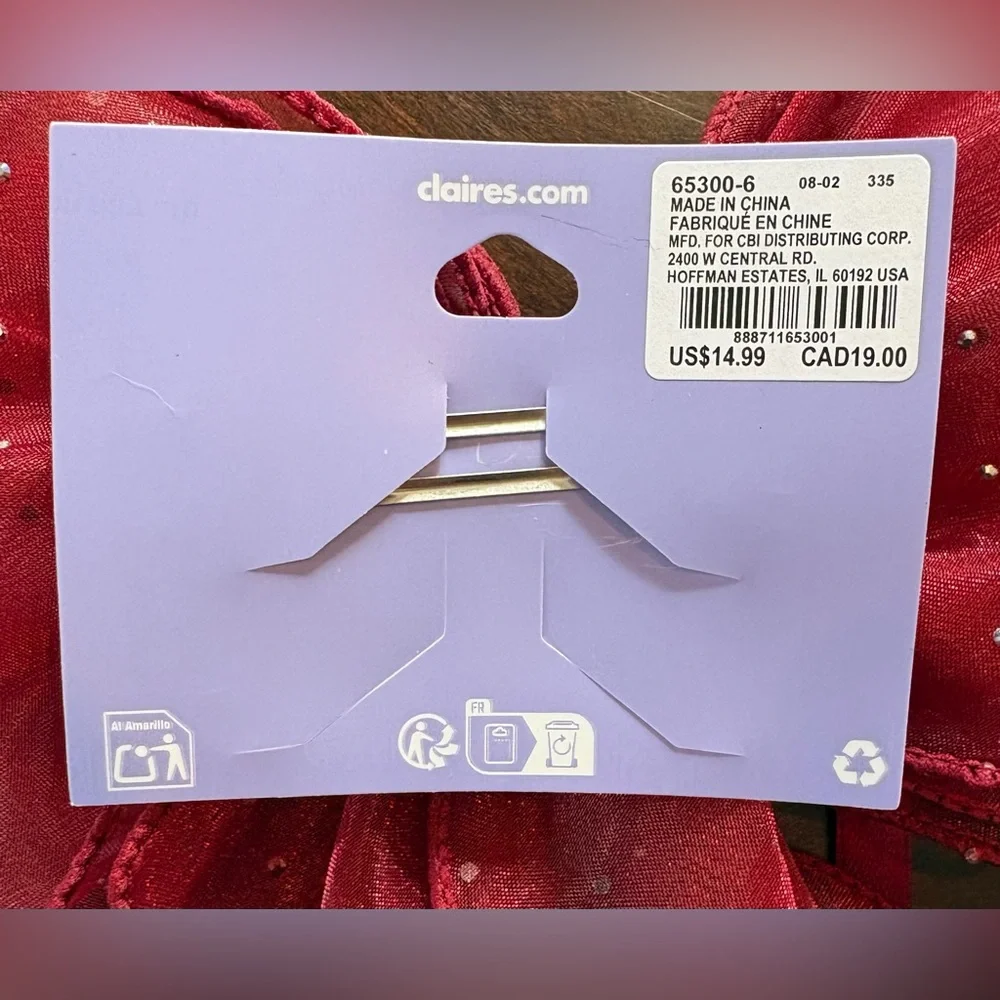 NWT, Sheer Satin Rhinestone Hair Bow, Deep Red, 13 in Long